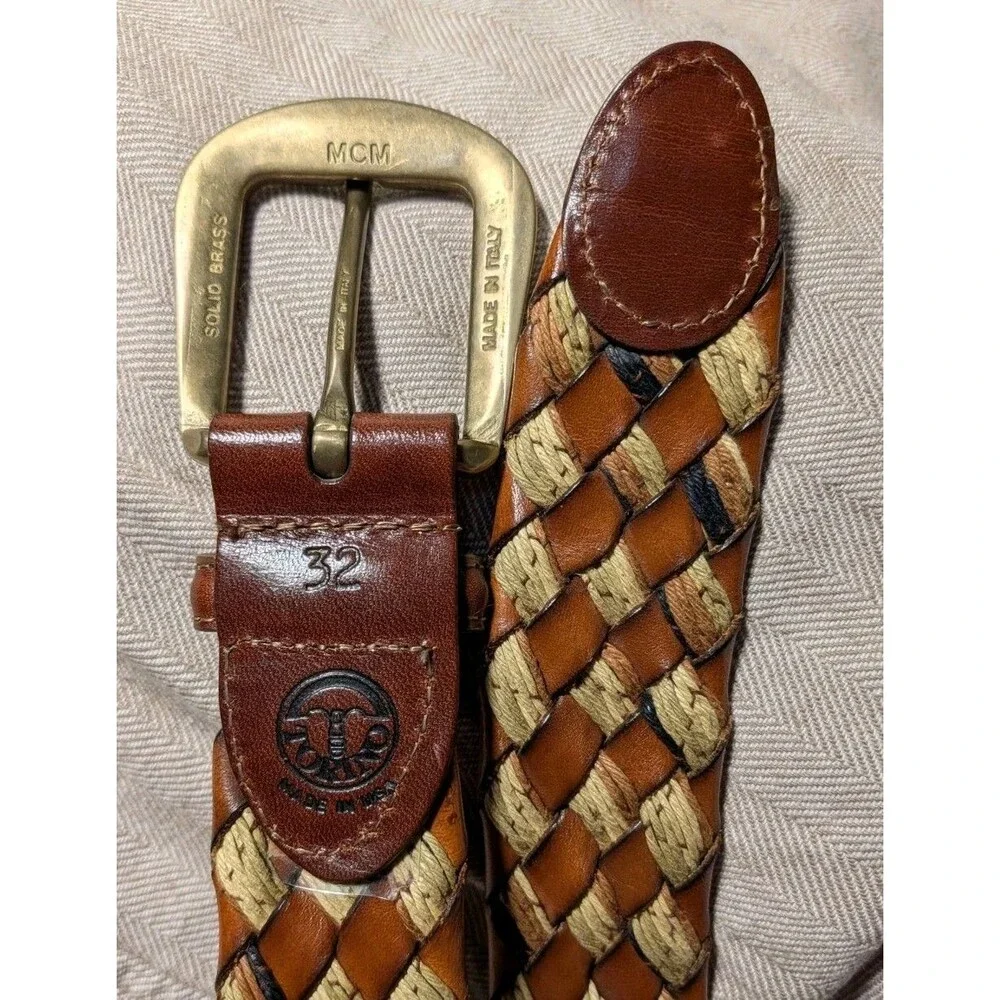 Torino Leather Co. Italian Leather Woven Cord Belt Brass MCM Buckle Mens 32